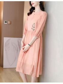 Outlet Embroidered long pinched waist art spring dress