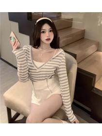 Outlet Short stripe hoodie long sleeve short skirt 3pcs set