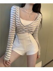 Outlet Short stripe hoodie long sleeve short skirt 3pcs set