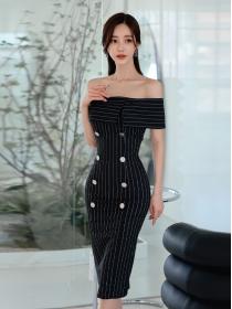 Korean Style Off Collars Stripe Sexy Slim Dress