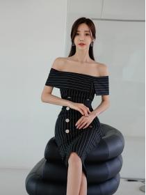 Korean Style Off Collars Stripe Sexy Slim Dress