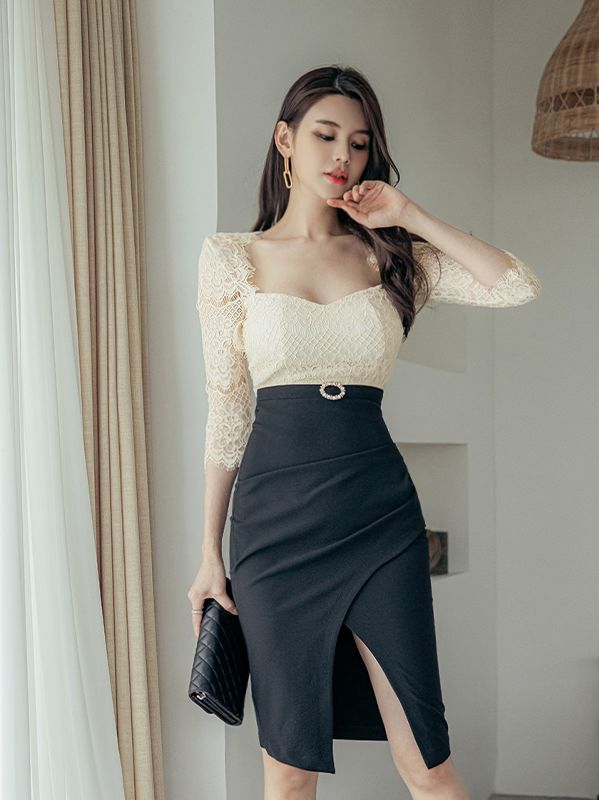 Korean Style  Temperament  Lace Stitching  Slimming Hip Slim Dress