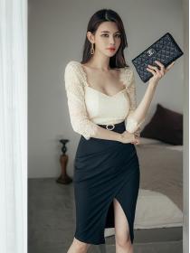 Korean Style  Temperament  Lace Stitching  Slimming Hip Slim Dress