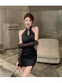 Outlet Lace retro cstand collar splice jacquard puff sleeve dress