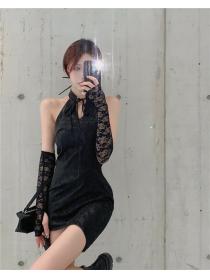Outlet Lace retro cstand collar splice jacquard puff sleeve dress