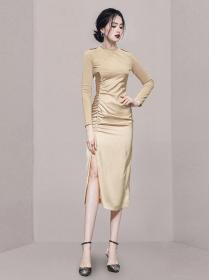 On Sale Drape Pure Color Fashion Slim Dress