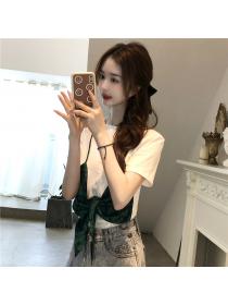 Outlet Bow sling tops short sleeve Pseudo-two T-shirt