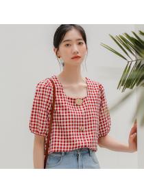 Outlet Plaid summer shirt square collar tops for women