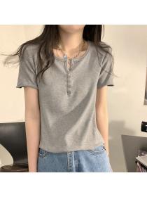 Outlet Pure slim buckle T-shirt all-match Korean style tops
