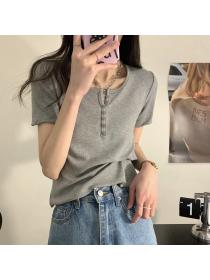 Outlet Pure slim buckle T-shirt all-match Korean style tops