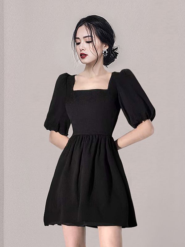 Korean style elegant and slim princess puff sleeves square neck A-line skirt