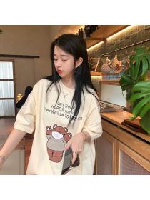 Outlet Printing pure cotton loose tops letters lovely bear T-shirt