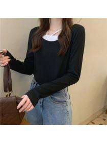 Outlet Pseudo-two long sleeve T-shirt short tops for women
