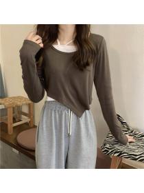 Outlet Pseudo-two long sleeve T-shirt short tops for women