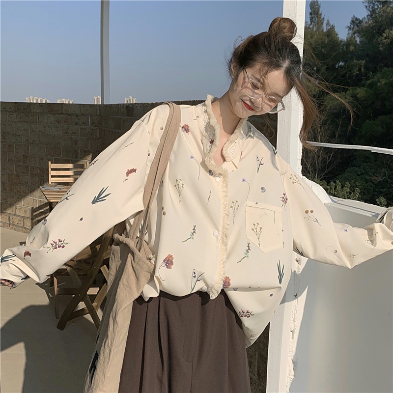 Outlet Printing loose tassels tops long sleeve Korean style retro shirt