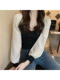 Outlet Spring slim long sleeve tops temperament square collar sweater