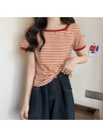 Outlet Short short sleeve pure cotton T-shirt all-match stripe tops