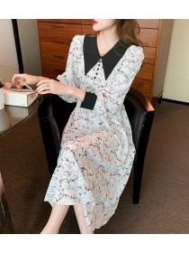 Outlet Spring chiffon dress floral doll collar long dress
