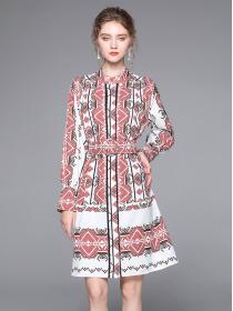 European Style retro geometric print stand-up collar   lantern sleeve lace-up dress