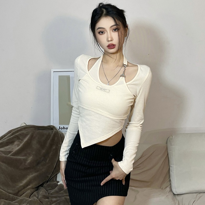 Outlet Halter Pseudo-two apricot long sleeve T-shirt for women