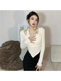Outlet Halter Pseudo-two apricot long sleeve T-shirt for women