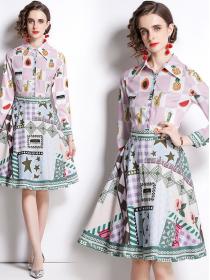 Fashion Printed Lapel Neck Waist Reducing Long Sleeve Dress