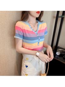 Outlet Pure cotton short sweater rainbow T-shirt for women