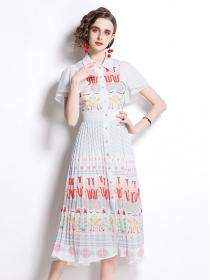 European Style  Fly-Sleeve Position Print Panel Pleated Dress
