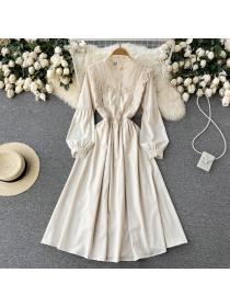 Outlet Lace all-match fungus retro pleated bottoming loose dress