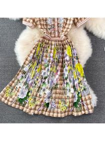 Outlet High waist pleated retro slim European style printing dress
