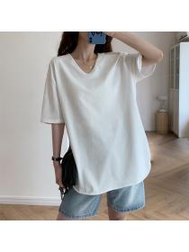 Outlet Long arc hem pure cotton split short sleeve white T-shirt