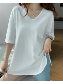 Outlet Long arc hem pure cotton split short sleeve white T-shirt