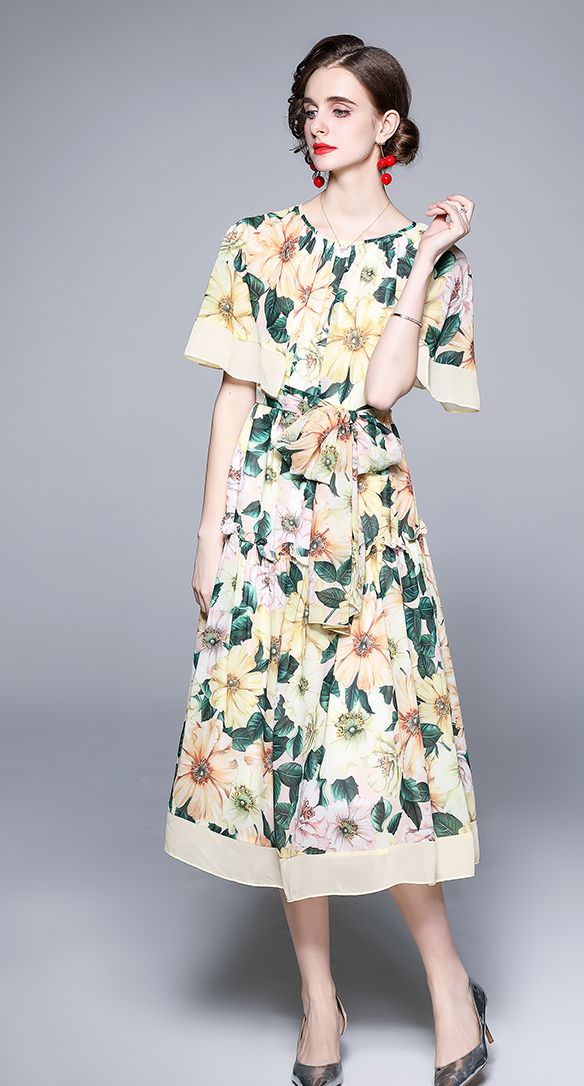 Fashionable Gentle Print Nipped Waist Maxi Dress