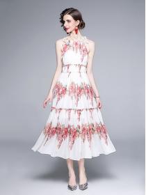 On Sale Dew Shoulder Flower Printing Show Waist Dress