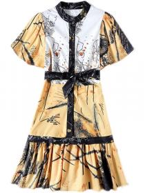 Retro Waist Short Sleeve Pullover Short  Stand Collar Print Dress A-line Dress