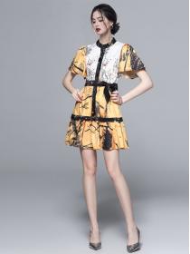 Retro Waist Short Sleeve Pullover Short  Stand Collar Print Dress A-line Dress