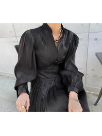 Face pleated glossy fashion stand collar Maxi dress