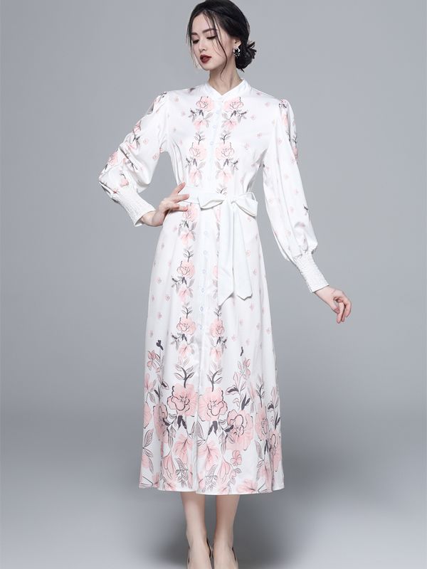 New Style Stand Collars Lace Up Show Waist Maxi Dress