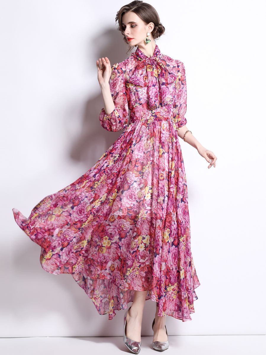 European Style Stand Collars Fashion Printing Maxi Dress