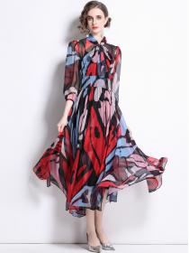 On Sale  Stand Collar Fungus Lace Waist Print Dress