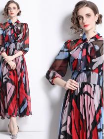 On Sale  Stand Collar Fungus Lace Waist Print Dress
