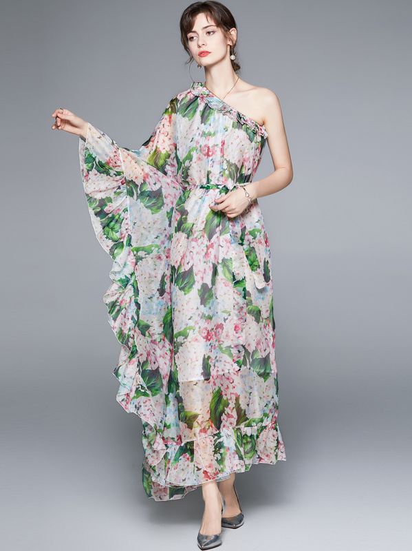 Faux-style  ruffled glamorous one-shoulder lace-up print dress