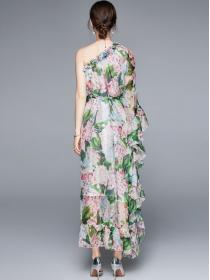 Faux-style  ruffled glamorous one-shoulder lace-up print dress