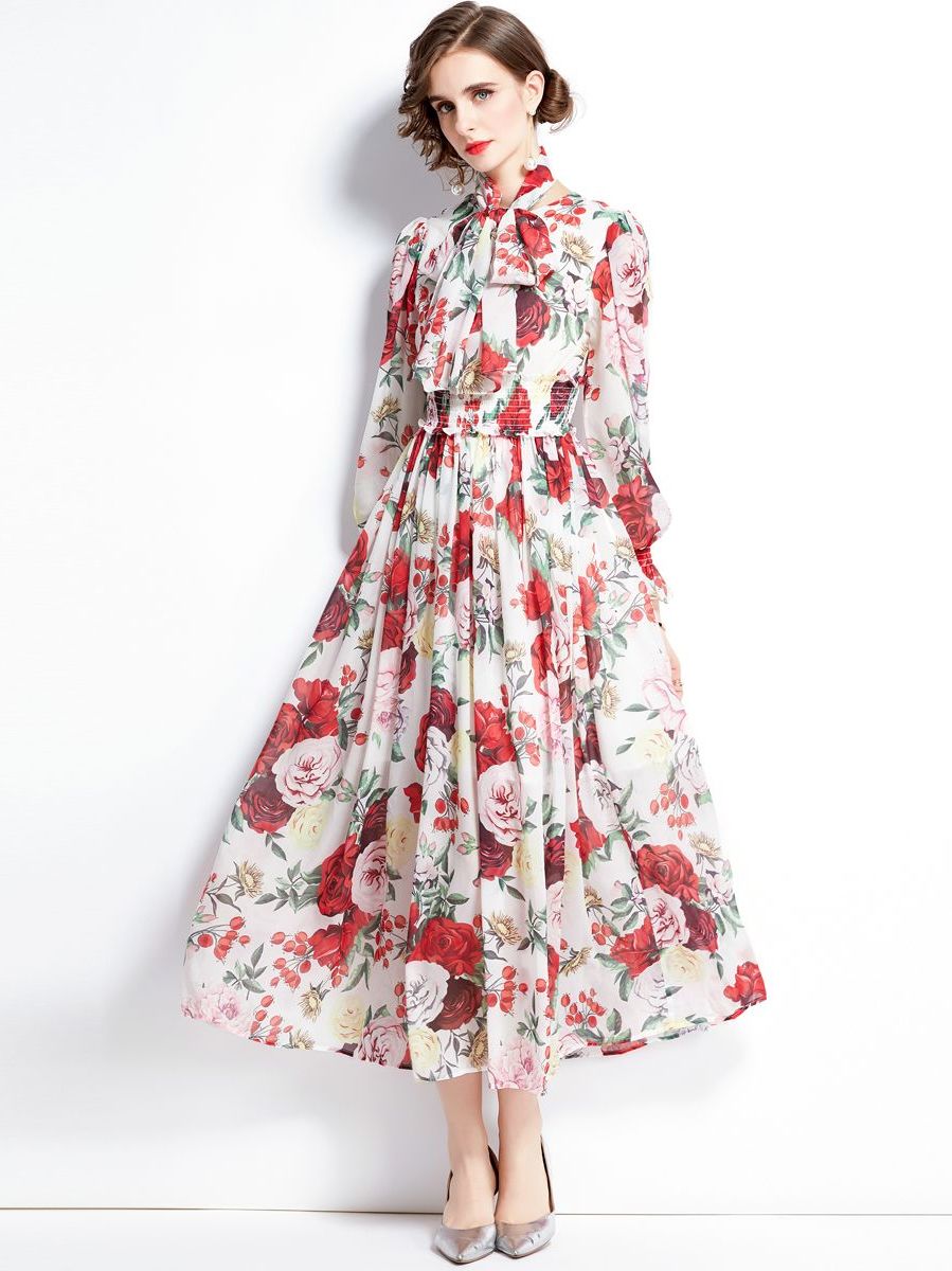 European Style ruffled glamorous one-shoulder lace-up print dress