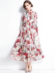 European Style ruffled glamorous one-shoulder lace-up print dress