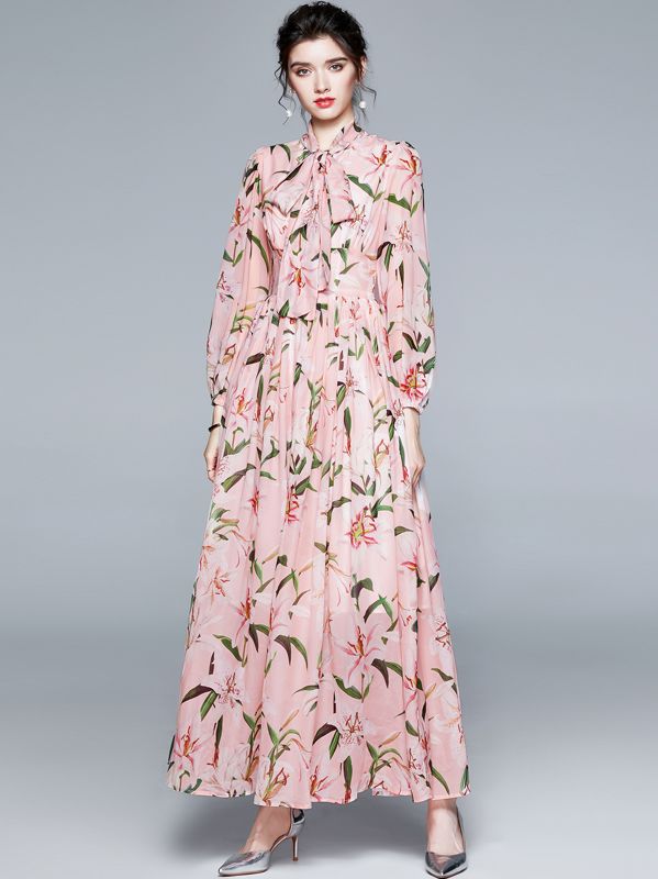 On Sale Show Waist  Long Sleeve Lily Print Dress