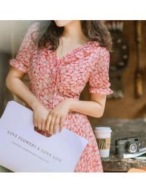 French Style Pink Floral Ruffle V  Collars Maxi  Dress