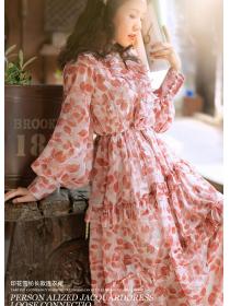 French Style Pink Floral Ruffle V  Collars Maxi  Dress