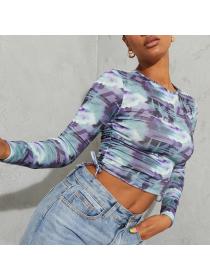 Outlet New arrival women's fashion street print round-neck cropped navel long-sleeved bottoming s...
