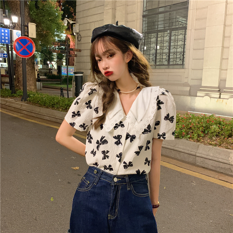 Outlet Puff sleeve butterfly summer tops all-match large yard shirt